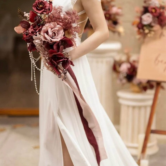 Lings moments rose and burgundy, cascading floral bridal bouquet. Like new! - Picture 2 of 3